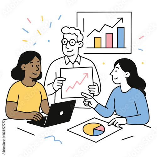 Business team meeting with charts and data analysis, diverse people discussing growth strategy, flat vector illustration