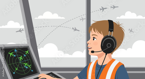 Young Controller Supervising Air Traffic In Airport Tower With Radar Screen