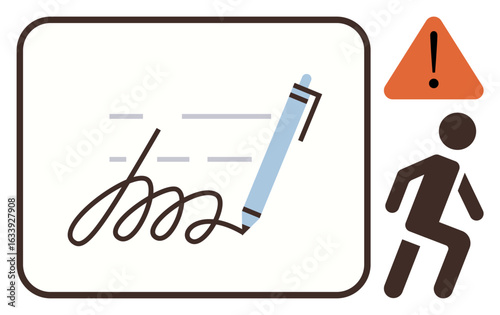 Pen draws a signature on a document with an exclamation mark and a running figure, indicating risk, urgency, fraud, or identity safety concerns. Ideal for legal, security, caution, alert compliance
