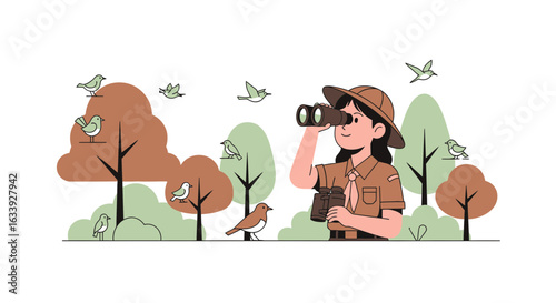 Young Ornithologist Observing Birds With Binoculars In A Minimalist Woodland Setting