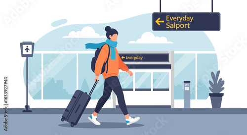 Woman Traveler Arriving At Airport Or Train Station With Luggage Bag