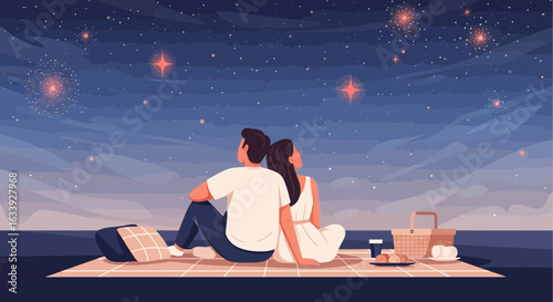 Young Couple Sitting Together Watching The Stars Night Sky Picnic View