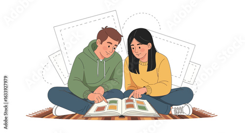 Young Couple Together Reminiscing Over Old Photographs Album Memories