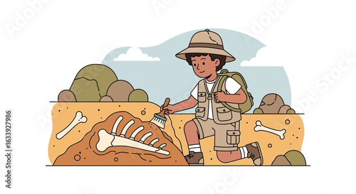 Young Paleontologist Discovering Ancient Bones In A Desert Excavation Site