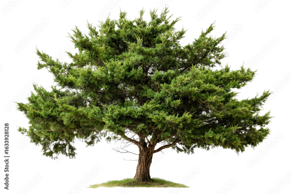Fototapeta premium Large cedar tree with deep green needle like foliage stands majestically, showcasing its robust trunk and expansive branches. This tree symbolizes strength and resilience in nature