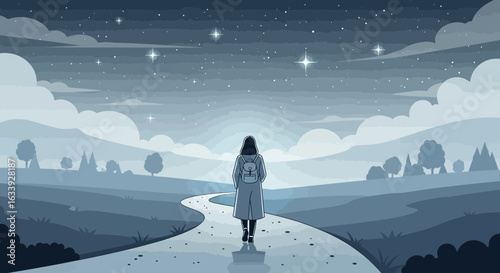 Woman Walking Towards Stars in a Dreamy Night Landscape Illustration