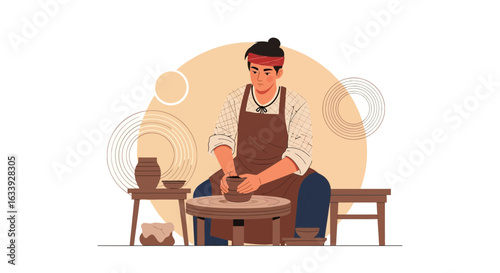 Young Potter Forming Clay On The Wheel In Studio Craftsmanship Skill Concept