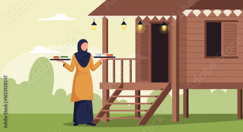 Woman Wearing Hijab Serving Food At Traditional Wooden Stilt House
