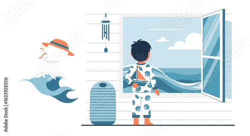 Young Dreams Of Ocean Adventures In Morning Pajamas By An Open Window