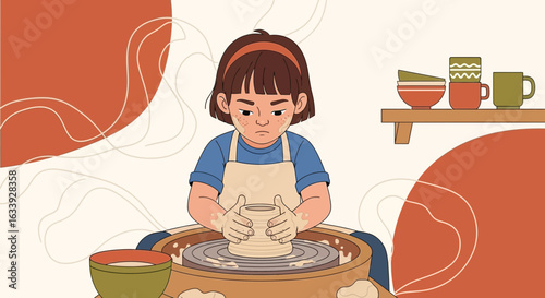 Young Potter Shaping Clay On Wheel Art Studio Ceramics Skill Creativity