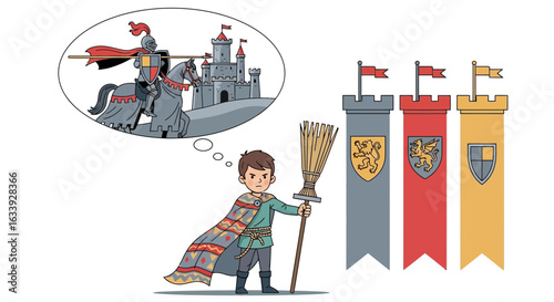 Young Dreamer Boy Imagining Himself as a Brave Knight in the Middle Ages