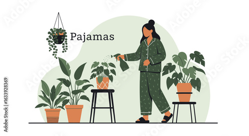 Woman Wearing Pajamas Watering Plants in Home Garden Illustration
