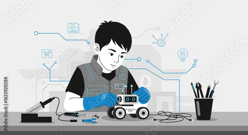 Young Engineer Assembling Robot With Blue Gloves And Technological Background