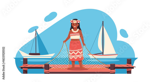 Woman With Fishing Net On Dock With Sailboats At Tropical Location