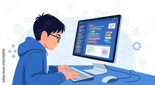 Young Programmer Coding In Front Of Computer Screen With Abstract Background