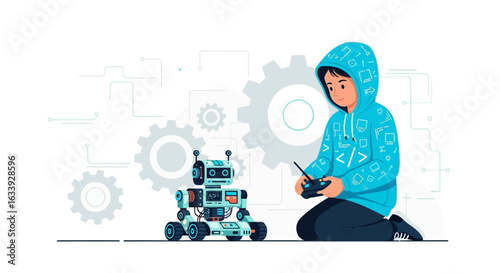 Young Engineer Controls Robot With Remote For Stem Education Achievement