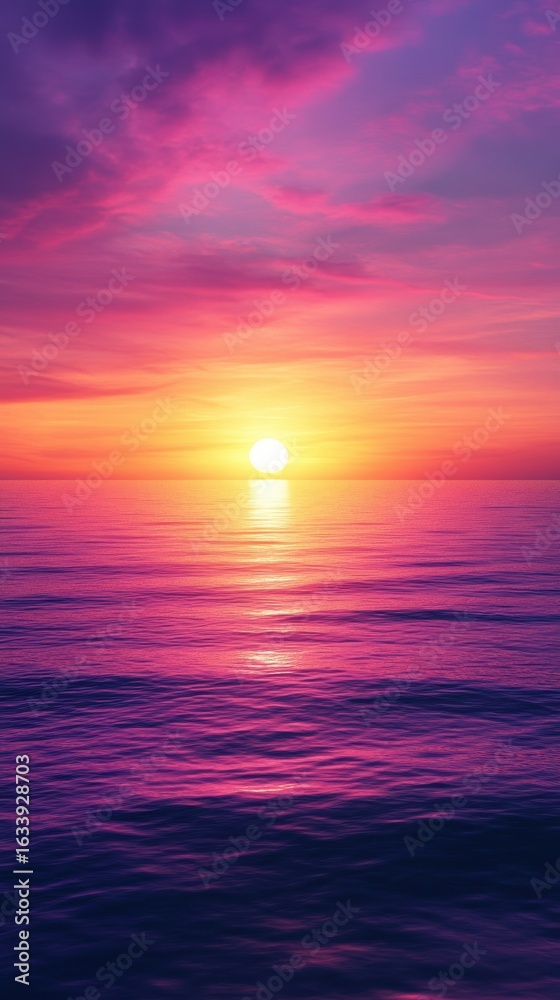 Fototapeta premium Violet sunset over still ocean water 