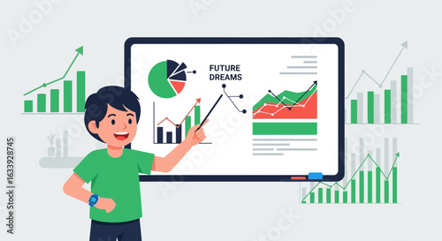 Young Entrepreneur Projecting Future Dreams With Charts And Financial Data