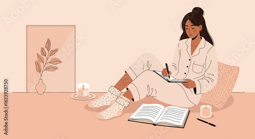 Woman Writing In Notebook In Cozy Room At Home On Relaxing Day