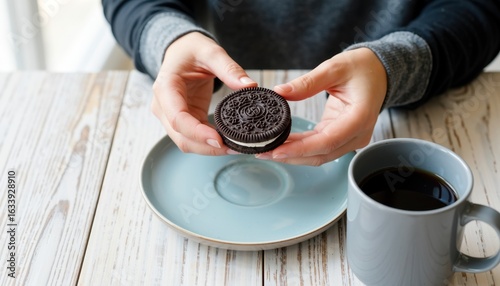 Enjoying a delicious oreo cookie with coffee home kitchen food photography cozy atmosphere close-up shot