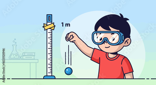 Young Scientist Demonstrates Gravity Experiment With Measuring Stick And Safety Glasses