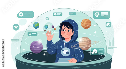 Young Explorer Discovering Planets In Interactive Virtual Reality Solar System