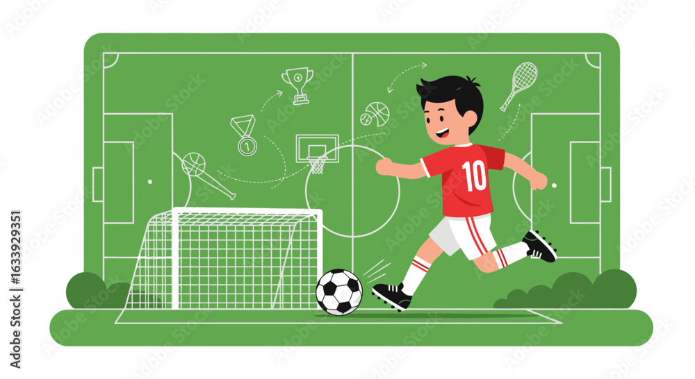 Fototapeta premium Young Soccer Player Kicking Ball On Field With Sport Icons Background