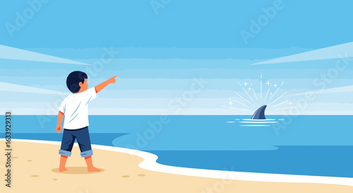 Young Explorer Points Out A Shark In The Ocean From Tropical Beach