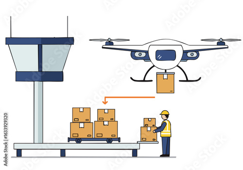 Drone delivers packages to a conveyor belt monitored by a worker at an airport. Modern illustration, clean design, focused on logistics and delivery.