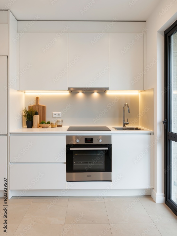 Fototapeta premium Modern kitchen design urban apartment interior photography bright environment contemporary view minimalist aesthetic
