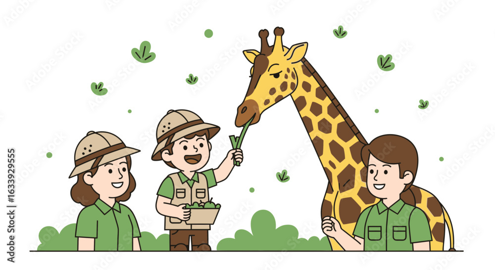 Naklejka premium Young Explorers Feeding A Giraffe With Lush Greenery During Wildlife Adventure