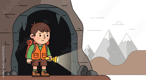 Young Explorer Ventures Into Cave With Flashlight And Mountain Backdrop