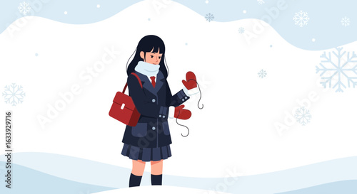 Young Student In Winter Scenery Holding Mittens Snowflakes And Snowdrifts