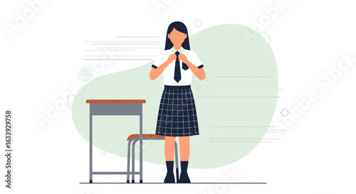 Young Student Preparing For Class, Adjusting Her School Uniform Tie