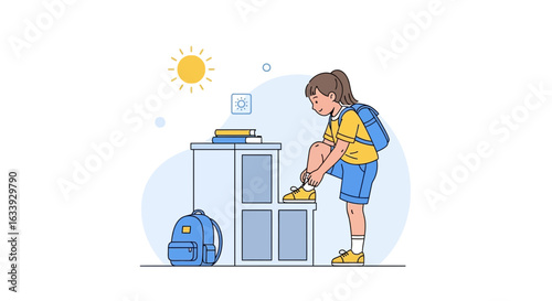 Young Student Preparing Herself Ready For School On A Bright Morning