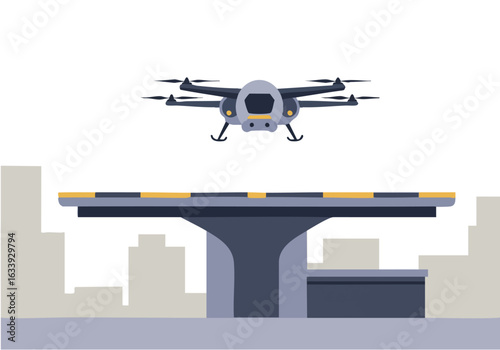 A drone inspects a landing platform against a cityscape. A man observes the inspection, showcasing modern infrastructure and technology. Clean, professional image.