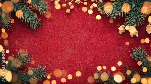 Christmas red background with golden lights and green branches framing, top view. Christmas card template, New Year celebration concept, flat lay, empty space for text, high quality, 8K resolution, hi