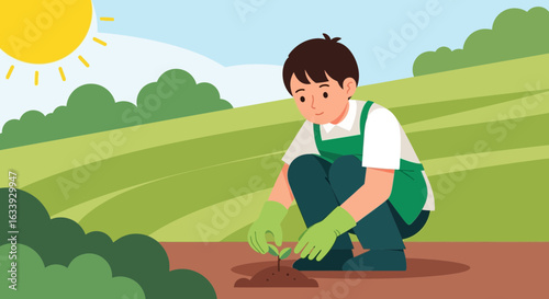 Young Gardener Carefully Planting a Seedling in Fertile Soil Illustration