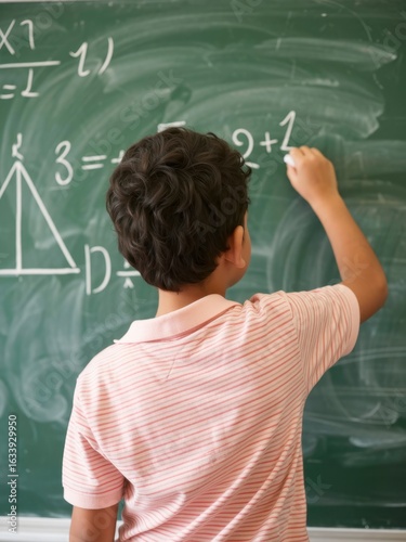 Student solving math problems classroom educational context bright environment over-the-shoulder view learning process