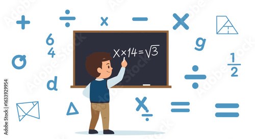 Young Student Solving Mathematical Equations On The Blackboard In The Classroom