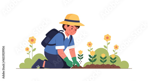 Young Gardener Planting Flowers In Garden On A Sunny Day Illustration