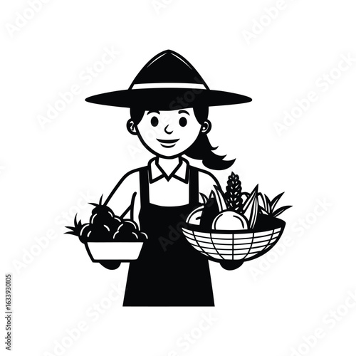 Female Farmer Holding Fresh Vegetables and Fruits Basket Illustration

