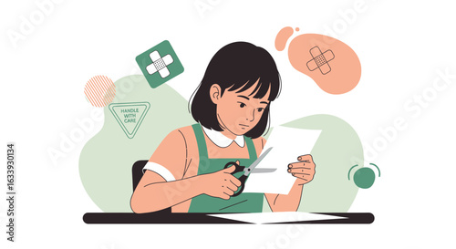 Young Girl Cuts Paper With Scissors Surrounded By Artistic Shapes And Patterns