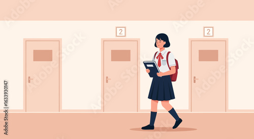 Young Student Walks Through School Corridor Holding Book For Next Class
