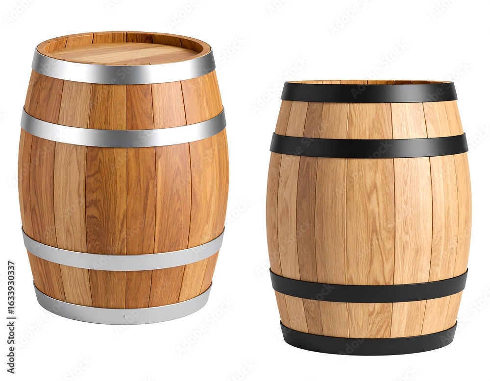 Fototapeta premium Two wooden barrels, different colored bands