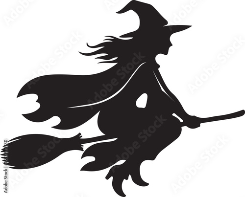 Silhouette of a witch flying on a broomstick in the sky