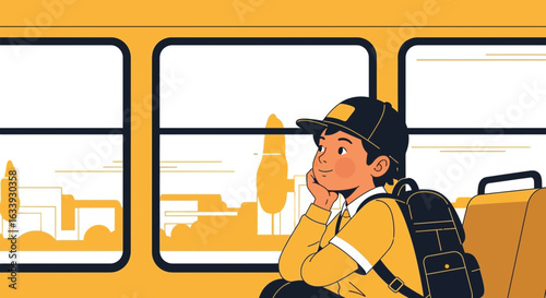 Young Traveler's Gaze Boy On Trip Thinking Near Windows On Bus Adventure