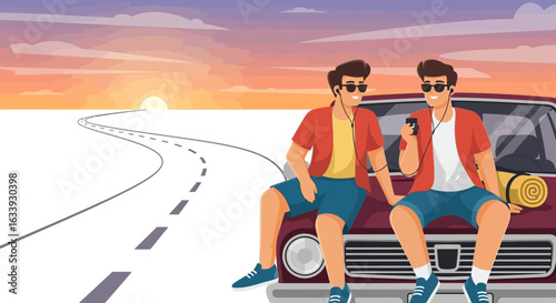 Young Travelers Enjoying Music On Car Hood During Sunset Trip