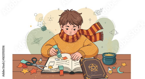 Young Wizard Making Scrapbook With Potions And Stars Cartoon Illustration