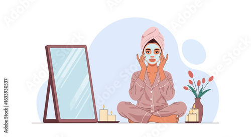 Young Woman Applies Facial Mask During Peaceful Morning Routine at Home
